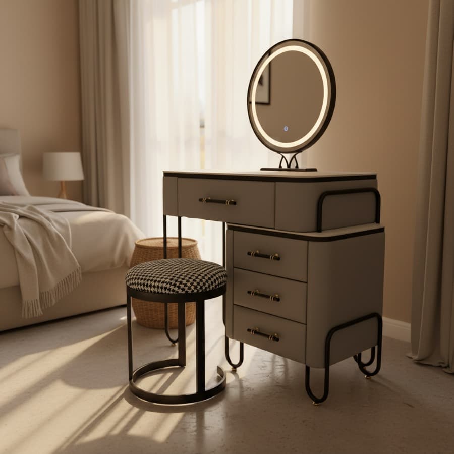 The same dressing table in a bedroom, in morning light