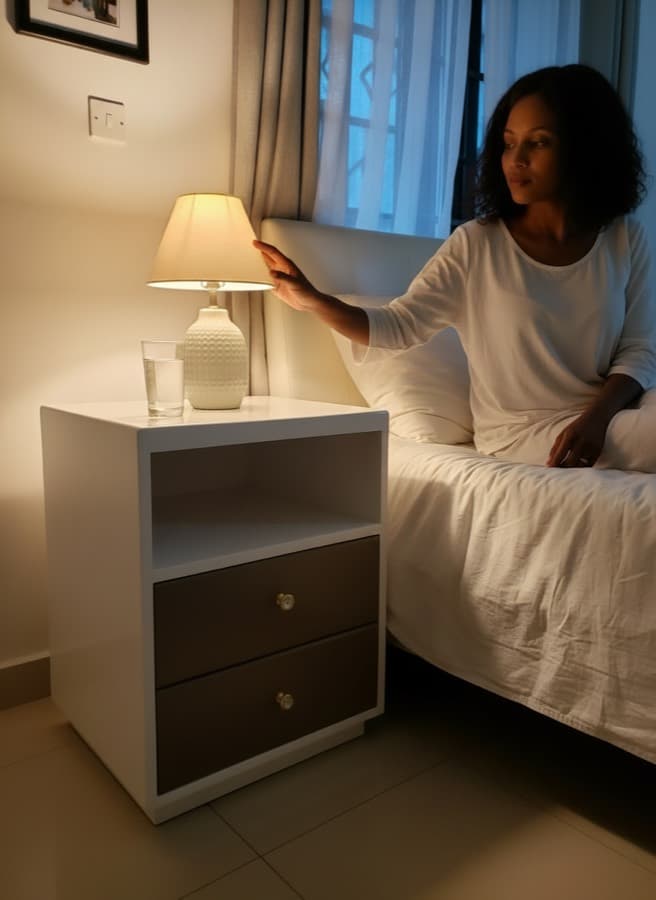 The same table beside a bed, someone reaching for the lamp on it