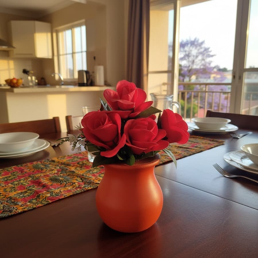 The same red vase on a laid table by a window