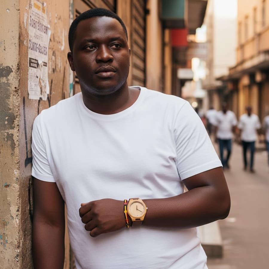 The same watch worn on a man's wrist, on a busy street