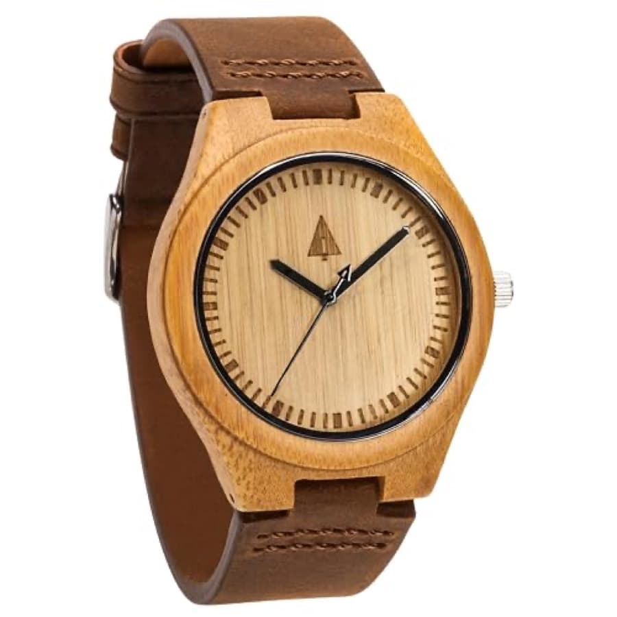 A wooden-faced watch with a leather strap, photographed against a plain background