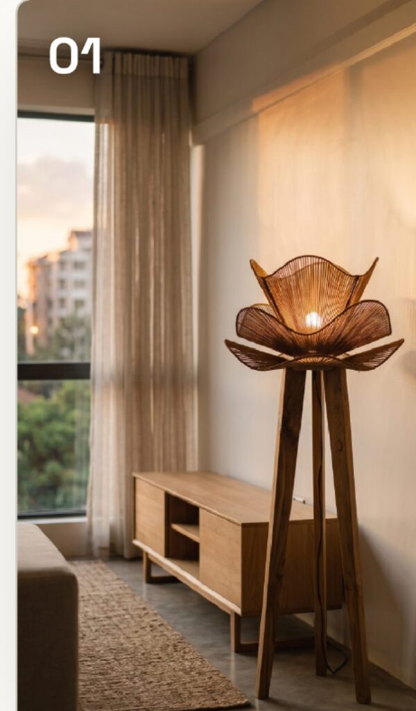 The same lamp transplanted into a Kilimani apartment at golden hour — weave and timber kept exact