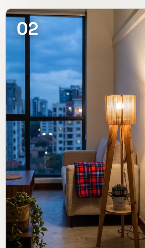 Tripod floor lamp against the Westlands skyline at blue hour