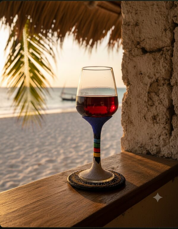 Beaded wine glass on a Diani beach veranda — makuti thatch, coral stone and the Indian Ocean at golden hour