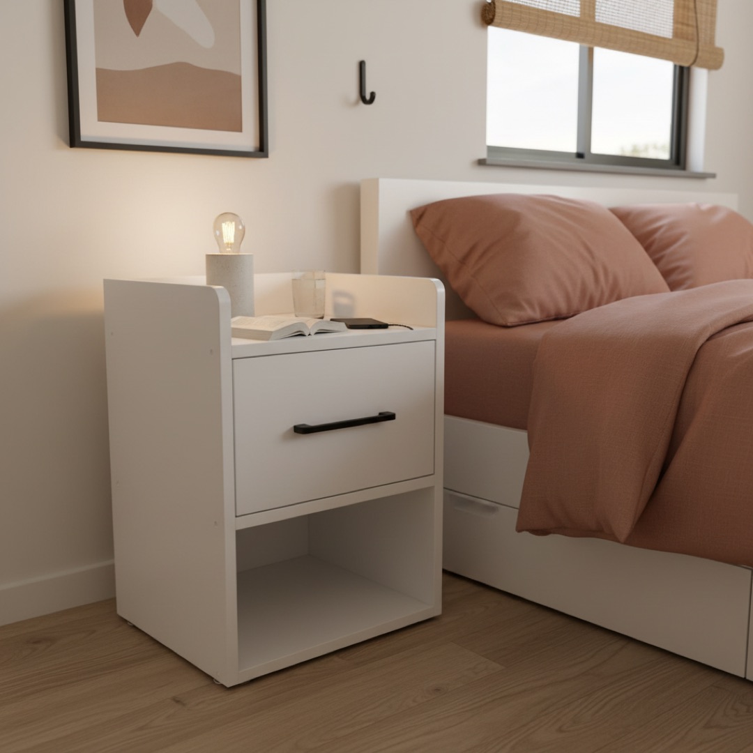 The same bedside table styled in a bedroom